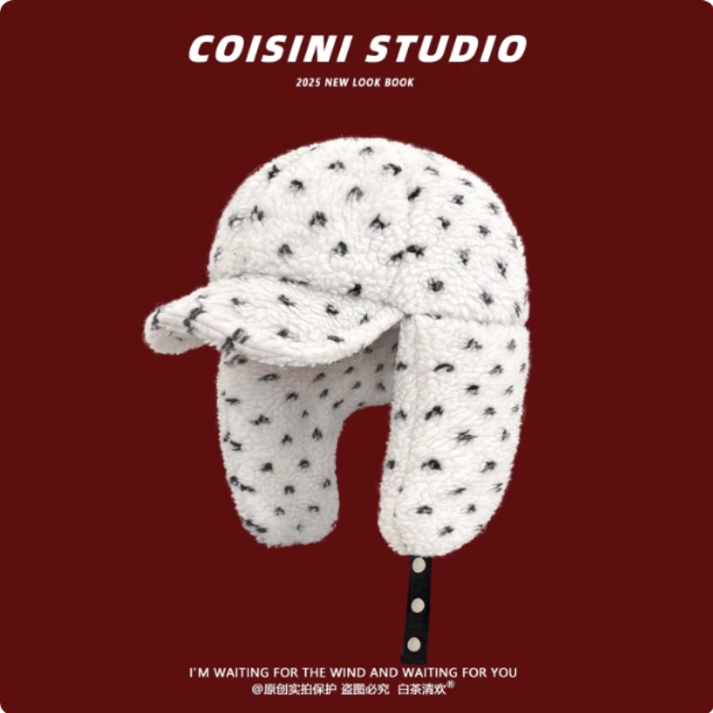 

Корейская шапка-пилот Ins из овечьей шерсти в горошек для мужчин и женщин, зимние утолщенные теплые шапки-бомберы для верховой езды