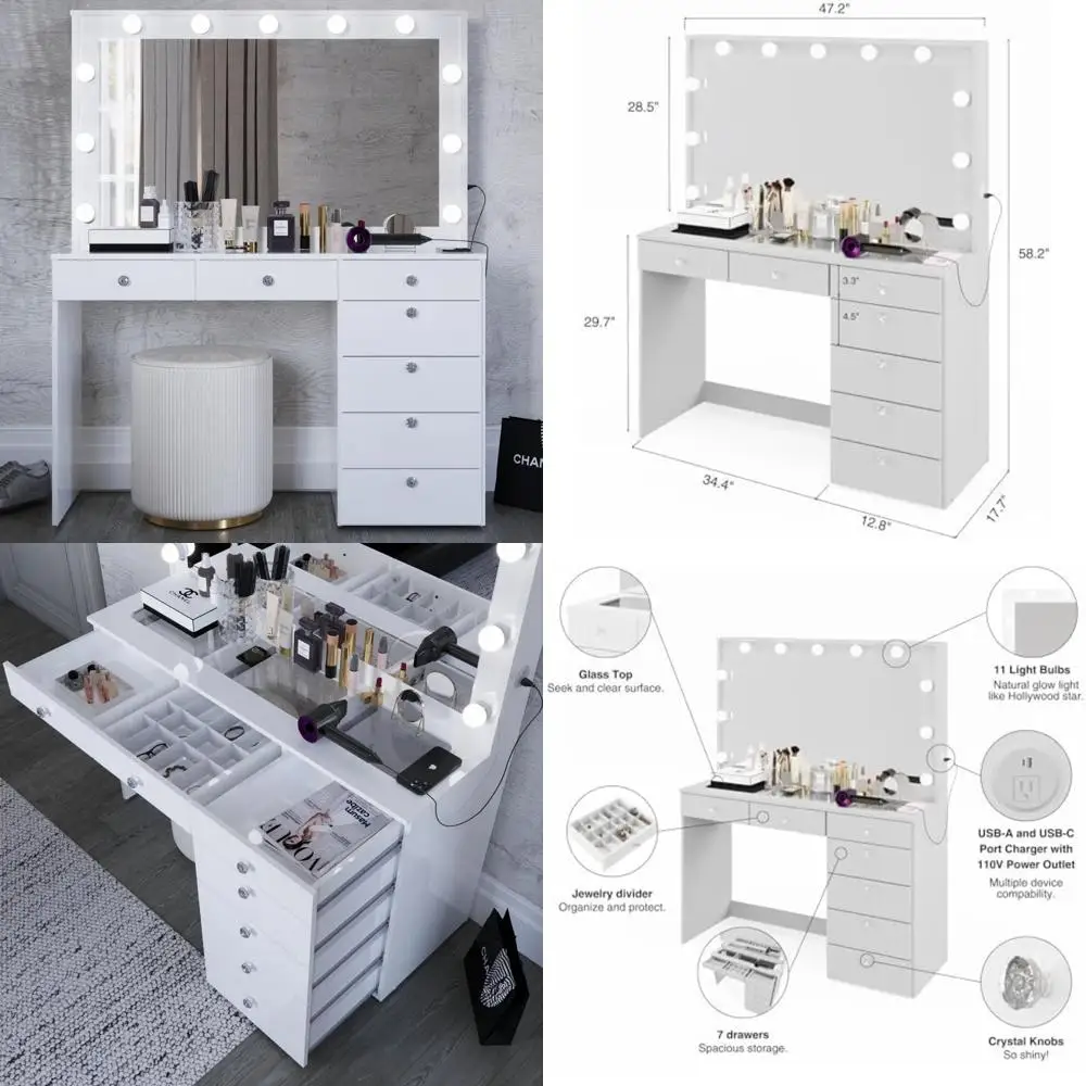 

Large Glass Top Vanity Desk with Hollywood Mirror, 7 Drawers, Crystal Knobs, USB Ports, and Power Outlet