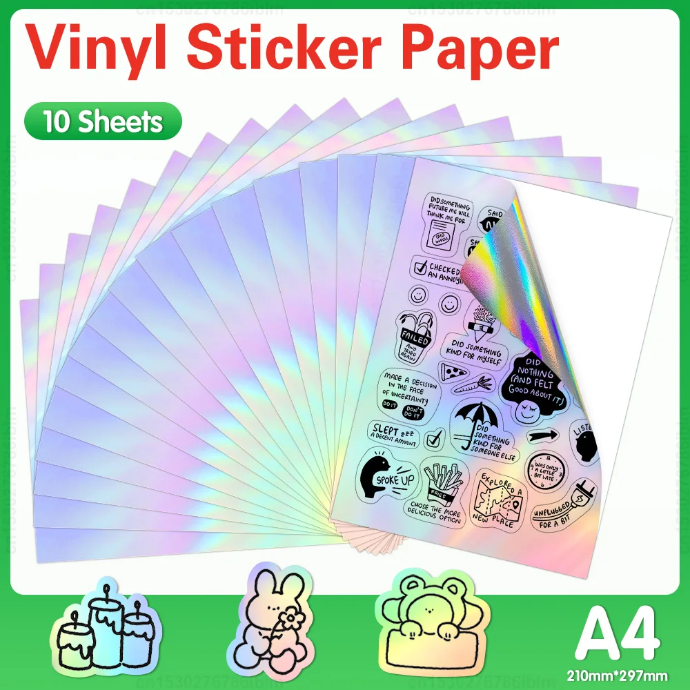 10 Sheets Printable Vinyl Sticker Paper A4 Holographic Transparent Glossy White Self-adhesive Copy Paper for All Inkjet Printer