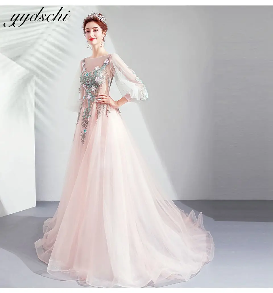 

Elegant Three Quarter Sleeves Prom Dresses 2022 Tulle Scoop Neck Appliques Ball Gown Lace Up Beading Sweet Robes De Soirée