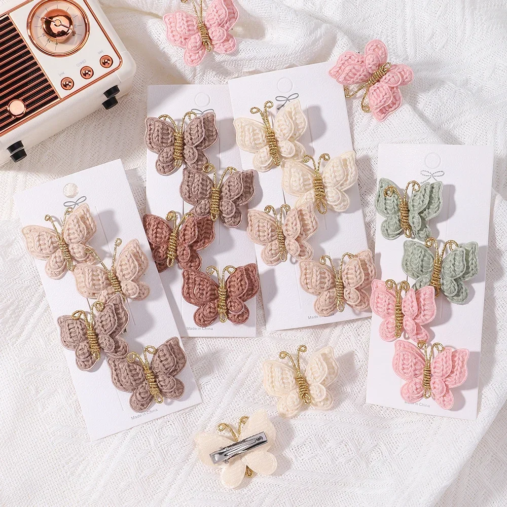 

4pcs/set New Cute Baby Girls Wool Knitting Headwear Handmade Crochet Butterfly Alloy Hairs Clips Children Hairpins Wholesale