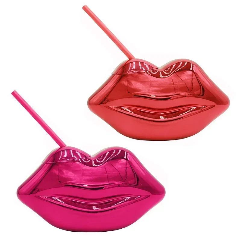 700ML Unique Lip-Shaped Cups with Straw Cocktail Cup Nightclub Bar Party Straw, Love Shaped Plated Water Cup, Beverage Cup