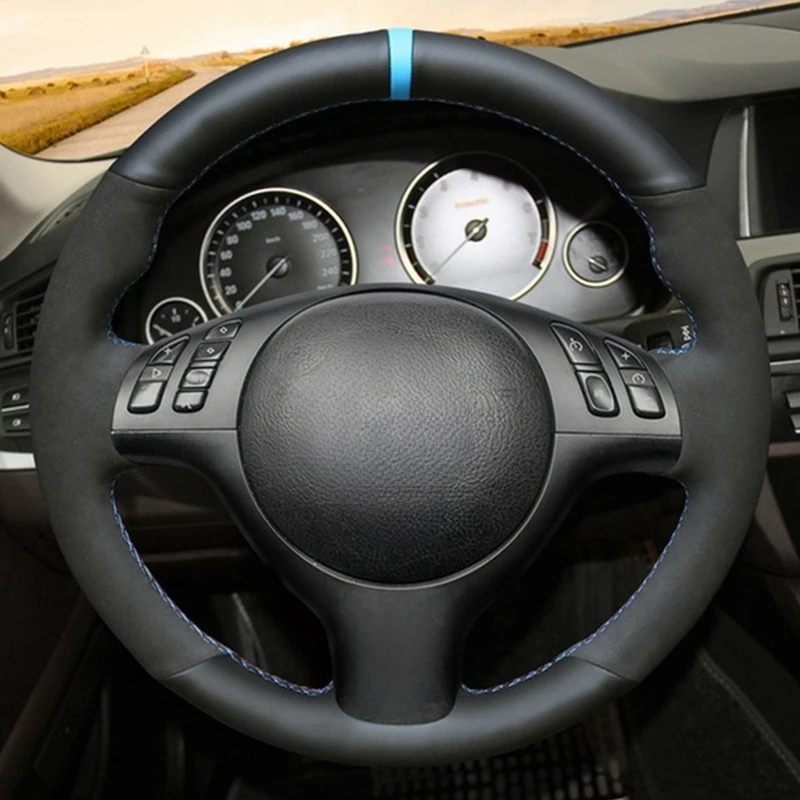 Black Genuine Leather Suede DIY Hand-Stitched Car Steering Wheel Cover For BMW M Sport E46 330i 330Ci E39 540i 525i 530i M3 E46