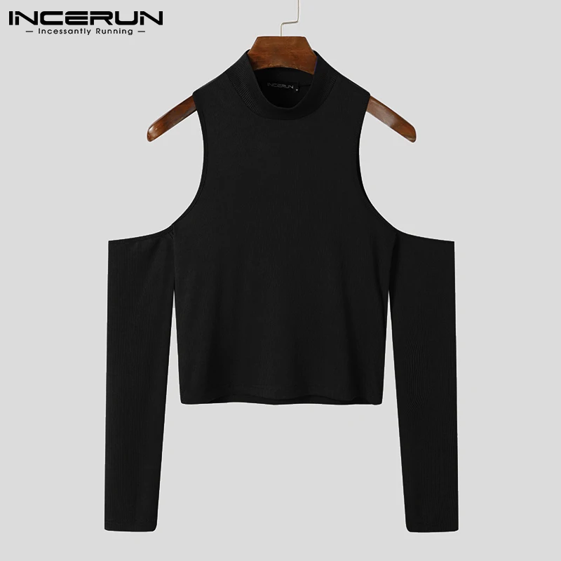 Party Nightclub Style New Men Sexy Leisure Camiseta Solid All-match Fashionable Strapless Hollow Out Long-sleeved T-shirts S-5XL