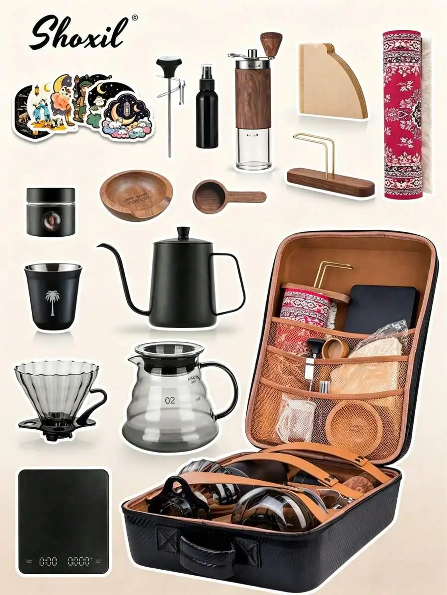 shoxil 1 set of Eid coffee gift box - complete hand-brewed coffee tool kit, including gift box |     Includes: 600ml gooseneck kettle, thermometer, glass coffee pot with drip filter