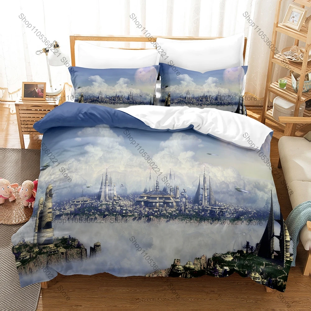 Futuristic Sci-Fi City Bedding Set, Duvet Cover and 2 Pillowcases, Modern Cyber City Pattern Breathable Fabric All Season Home