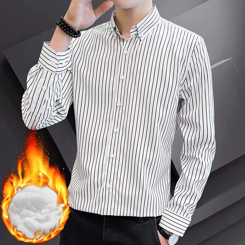 

Зимняя мужская терморубашка в корейском стиле, приталенная, в полоску