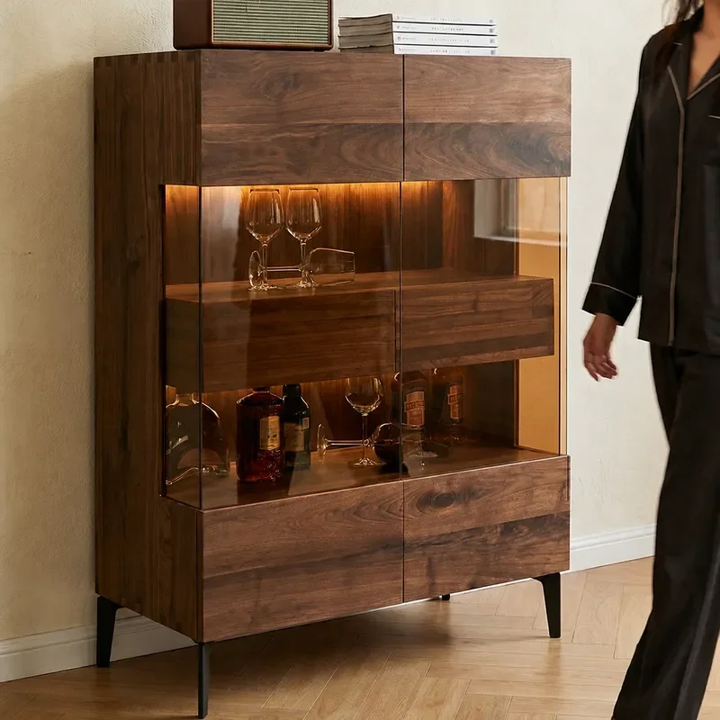 New Chinese Style Black Walnut Solid Wood Wine Cabinet Dining Sideboard Simple Glass Display Storage Locker Chest