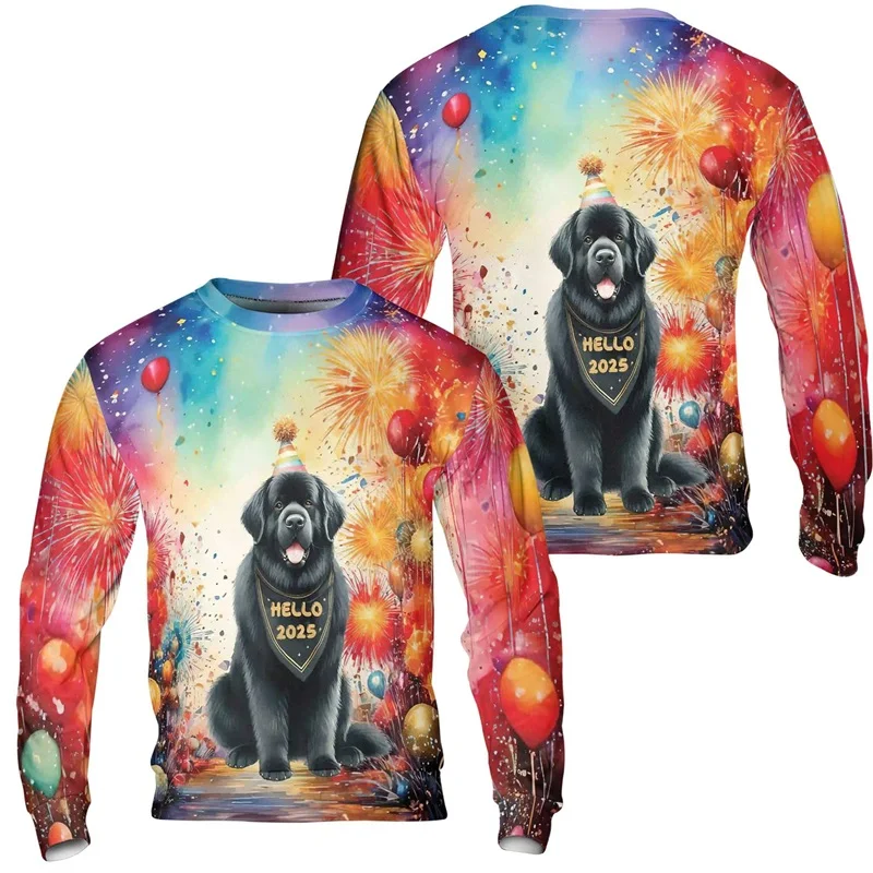 Hello 2025 Happy New Year Sweatshirt 3D Print Dog Pattern Casual Crewneck New Year's Ugly Sweatshirts Mens Party Hoodie