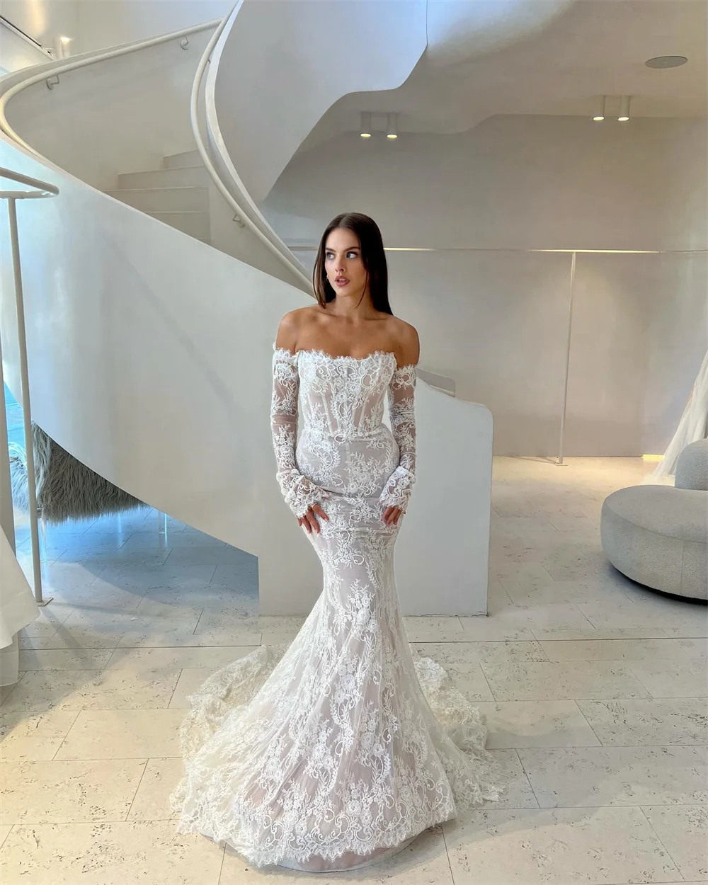 Cathy White All Lace Appliques Off the Shoulder Wedding Dresses Customized vestidos de fiesta Mermaid Long Train Party Dress