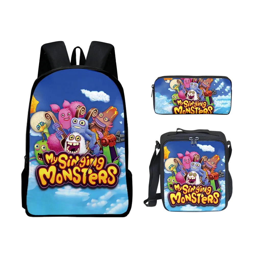 Hip Hop Popular nuevo mis monstruos cantantes impresión 3D 3 unids/set mochilas escolares para estudiantes mochila para ordenador portátil bolsa de almuerzo estuche para lápices