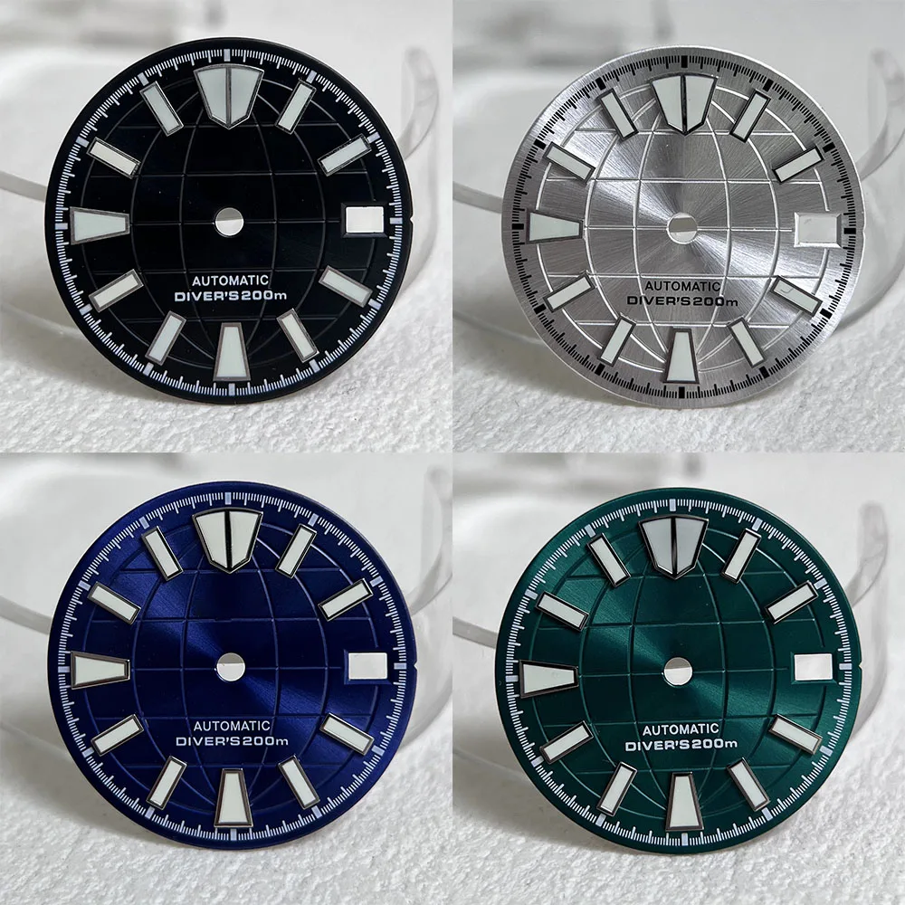 28.5mm NH35 Dial S Logo Sunburst Globe Watch Face Single Date Diver Mod Upgrade Parts