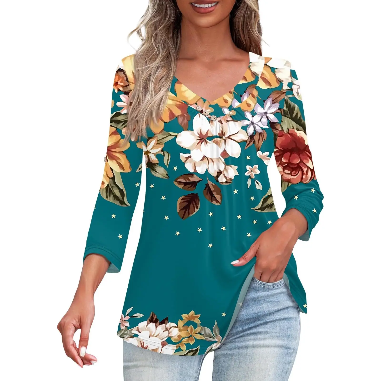 

Women's Shirt Floral Print Button 3/4 Sleeve V-neck Blouses Trendy Casual Blouse 2024 Autumn Women Commute Going Out Shirts Top