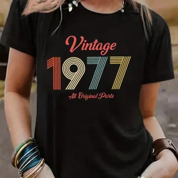 Vintage 1977 Print T-shirt - Women's Casual Crew Neck Short Sleeve Tee