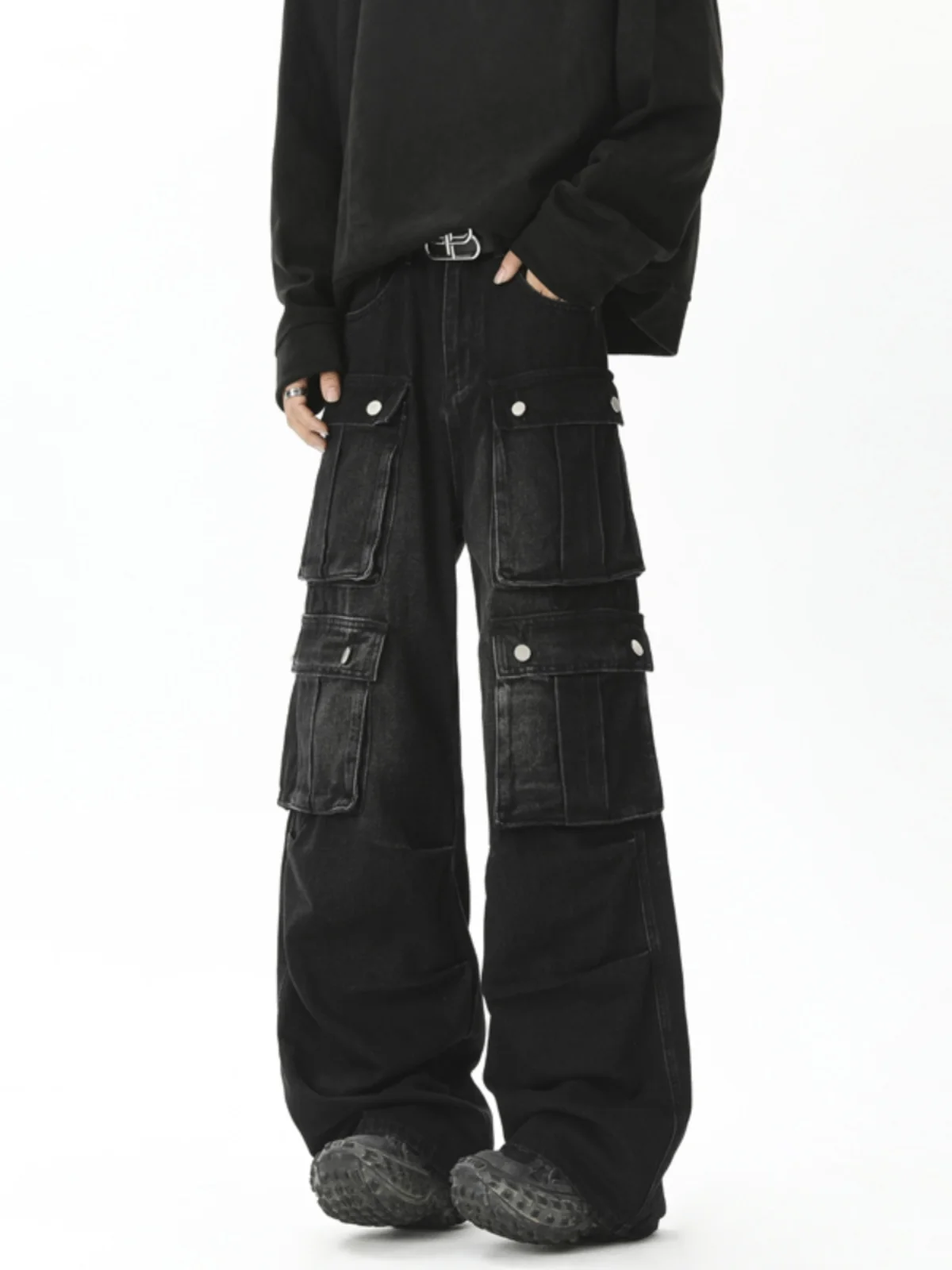 

Heavyweight Men's Denim Pants Multiple Pockets Wide Leg Loose Workwear Long Trousers American Vintage Style Spring Autumn Cas...