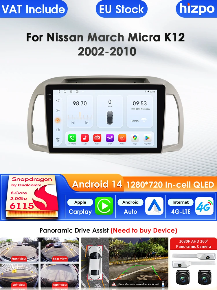 Hizpo Carplay AI Systems Android 14 Autoradio für Nissan March Micra K12 2002-2010 Multimedia Video Player GPS Autoradio 360cam