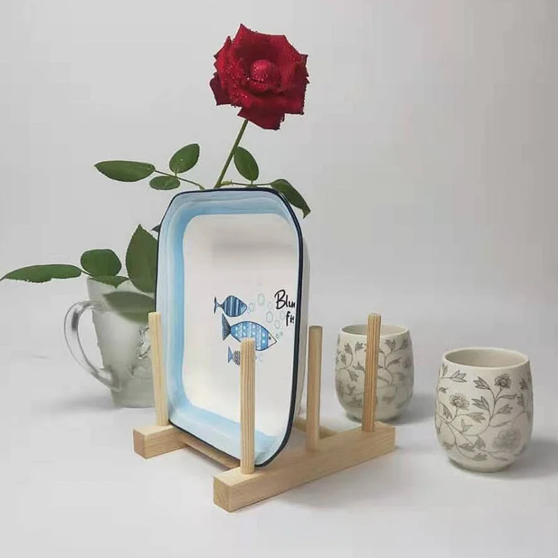 Simple Pine Wood Drain Rack Tea Set Shelf Plate Cup Display Stand Water Drainage Bookshelf Kitchenware Organizer