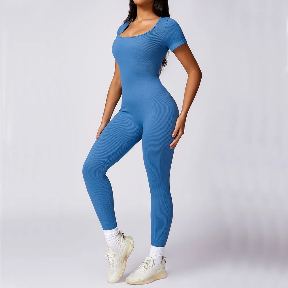 Yoga Set Women\'s Ribbed Jumpsuits One-Piece Suit Short Sleeve Gym Clothes Push Up Workout Tracksuit Fitness Bodysuit Sportswear