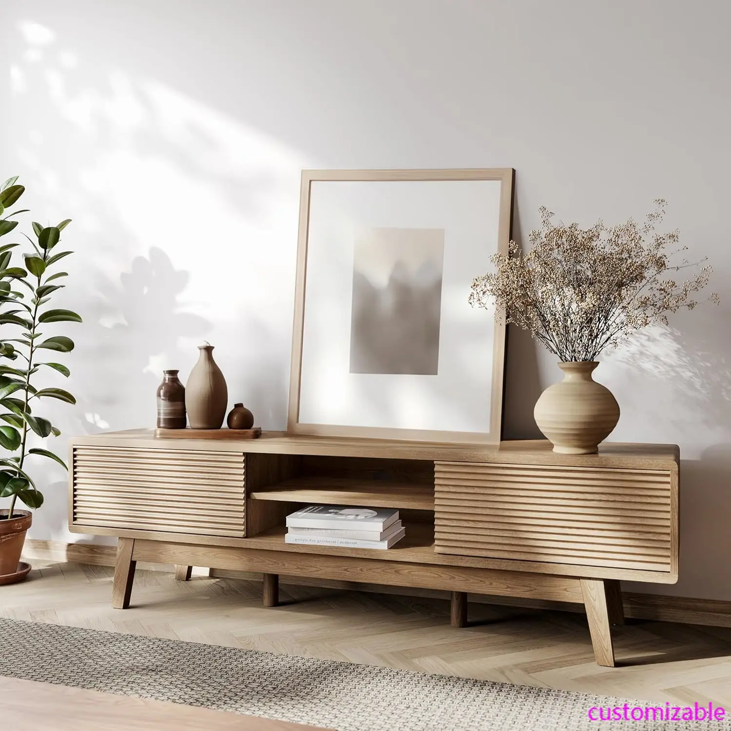 59" TV Console, Mid Century Modern Media Console for Inch Tv, Low Profile TV
