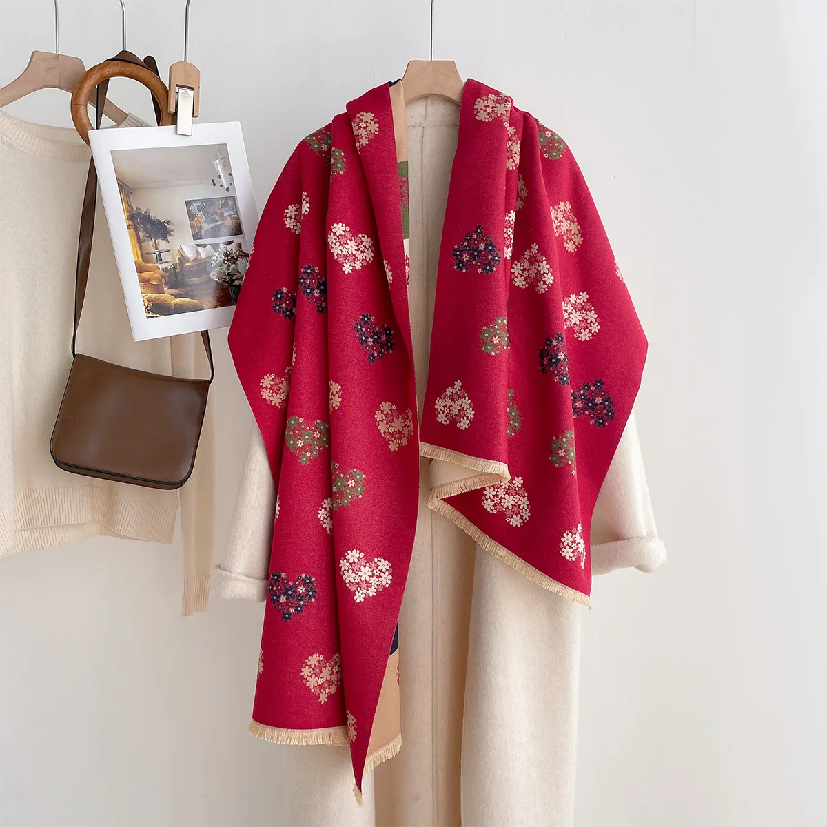 New Women Imitation Cashmere Scarf Reversible Print Shawl Winter Thick Warm Large Blanket Wrap for Ladies Fall Outerwear