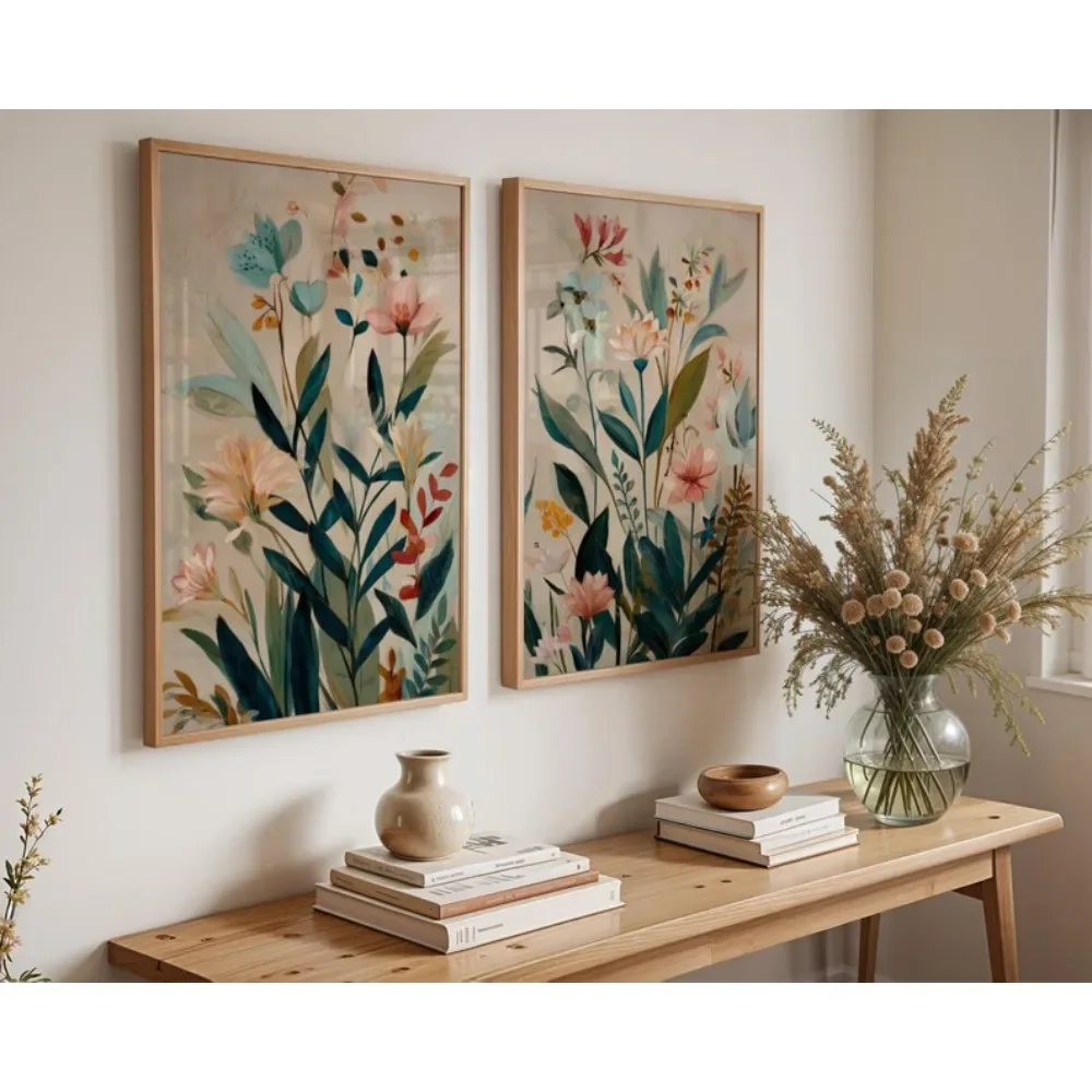 2pcs frameless Canvas Painting 2 Frameless Plant Wall Art Prints Modern Flower Digital Download, Beige Background Plant Prints,