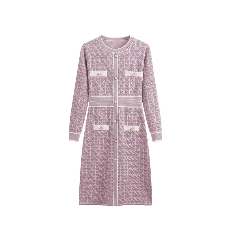 Petite robe trapèze rose mince pour femme, col rond, taille haute, manches longues, pull, automne, nouveau