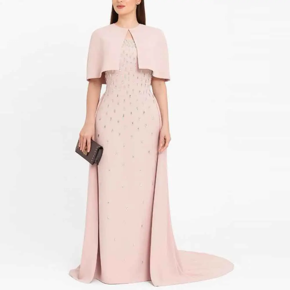 

Customized Elegant Evening Dress with Short Cape Crystal Emebllished Mermaid Formal Evening Dresses with Detachale Train