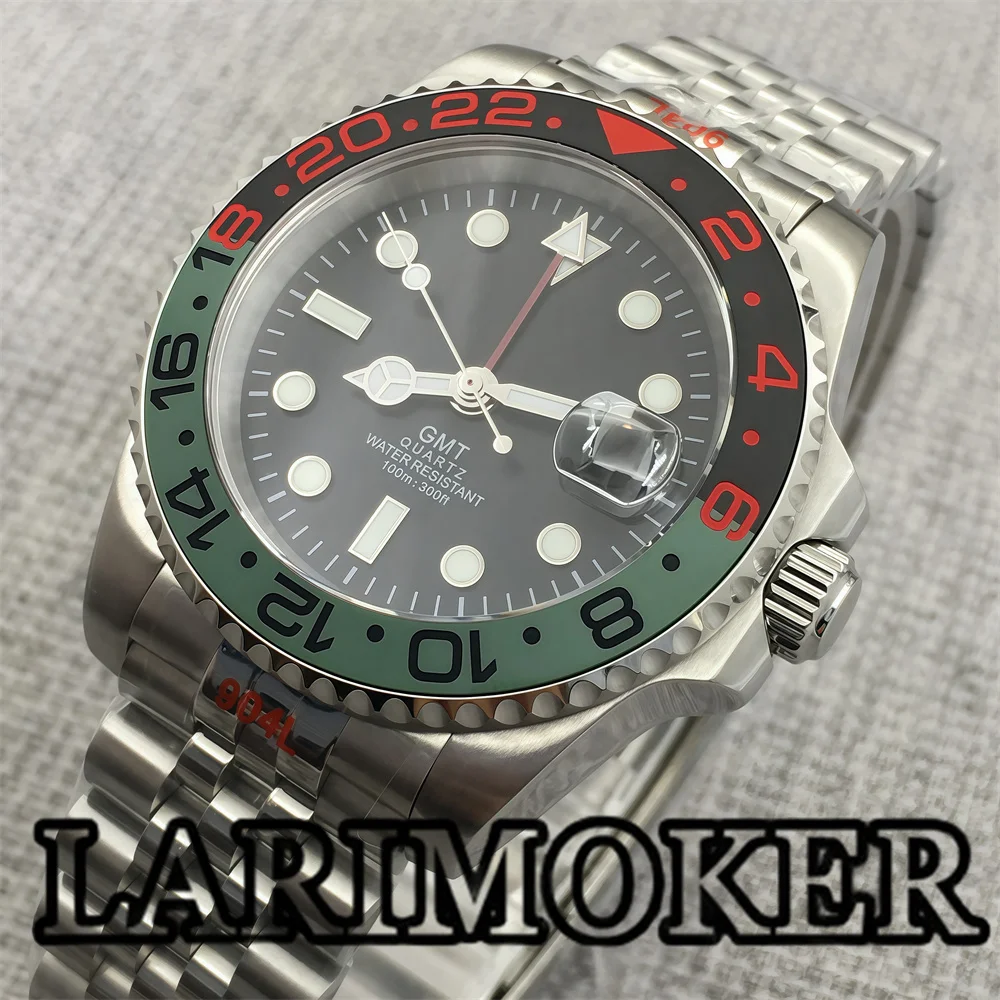 LARIMOKER Watch Rhonda 515-24h(GMT)Movement 40mm Silver Case 120 Clicks Bezel Ceramic blackDial Sapphire Glass Glide Lock