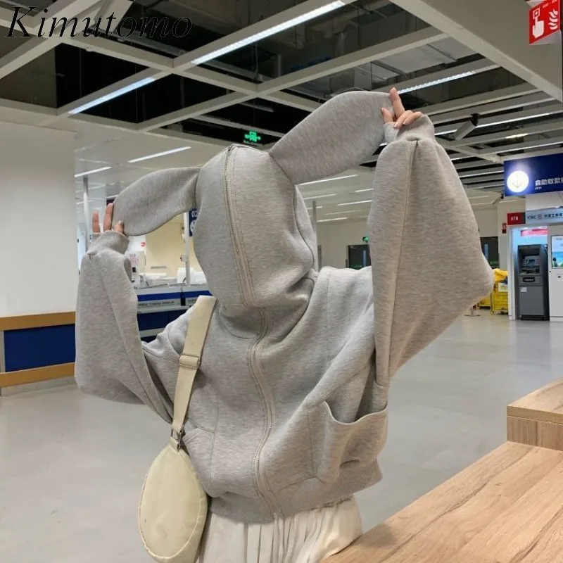 Kimutomo Harajuku Sweet Hoodies Women Autumn Winter Rabbit Ears Loose Ins Fashion Sweatshirt Pockets Zipper Ladies Gothic