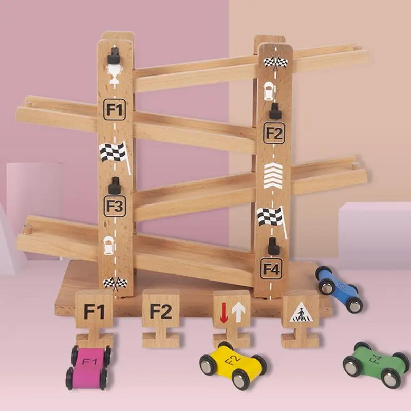 

4 Layer Wooden Race Track Children's Wooden Assembly Racing Toddler Toy Car Set Montessori Race Track Toy Set Car Ramp Racer Toy