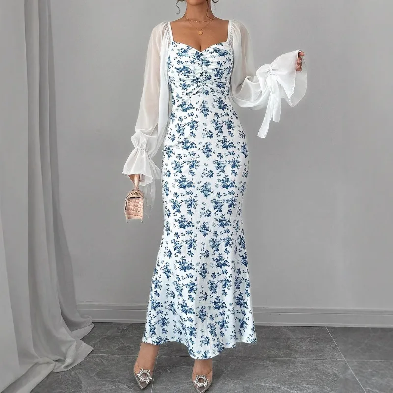 فستان نسائي بأكمام طويلة ورقبة على شكل حرف V من الشيفون المرقعة محبوك ومطبوع معانقة الورك تنورة طويلة