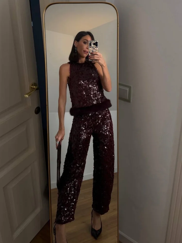 Conjunto de duas peças de lantejoulas brilhantes, feminino, gola redonda, bainha peluda, regata, calças compridas soltas, nova moda sexy, roupas de festa para mulheres, 2025