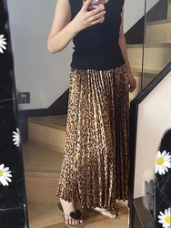 Shiny Leopard Print Luxury Sexy High Waist Women Midi Skirt 2025 Summer Elastic Pleated SKirt Old Money Style Mininalstyle
