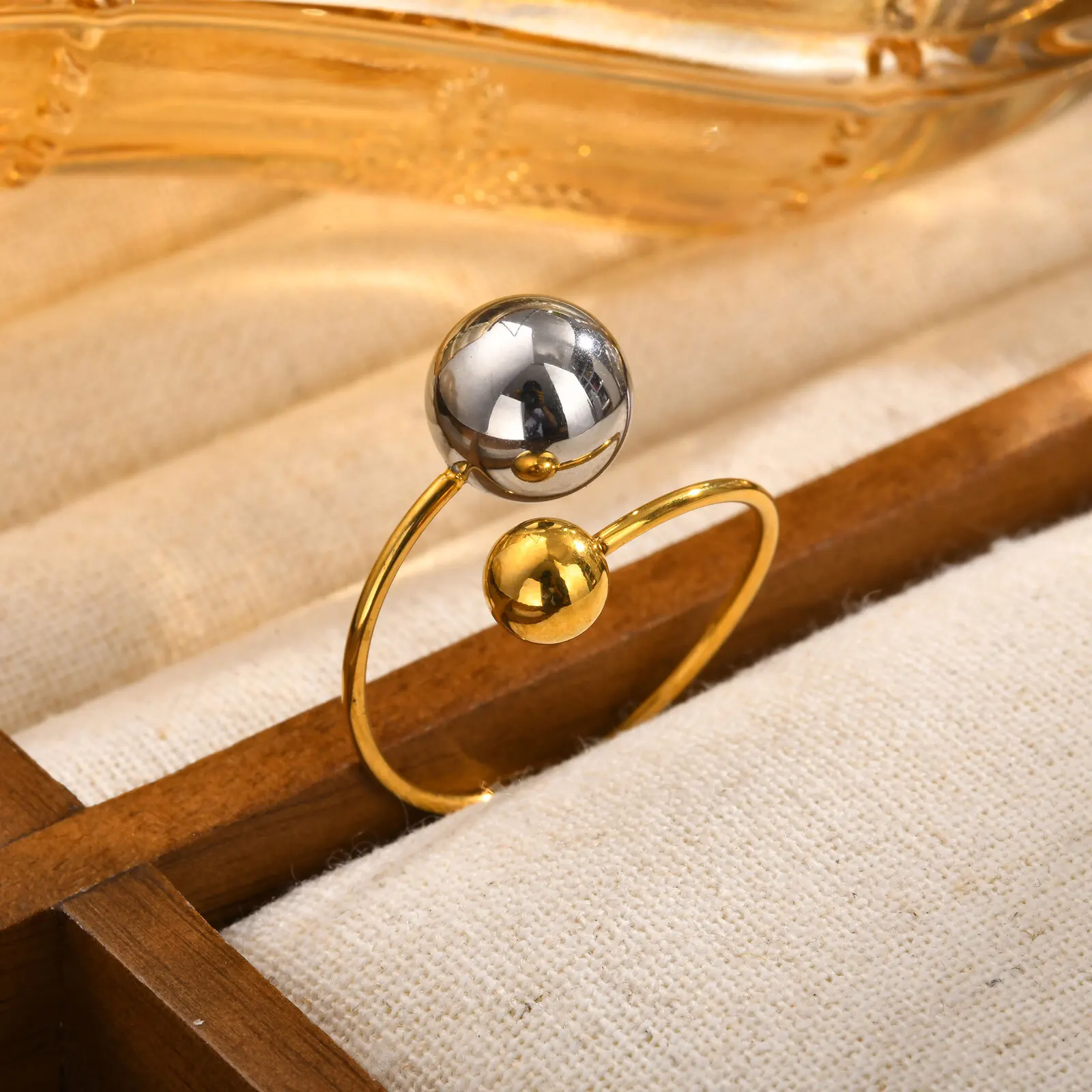 Geometric Balls Wrap Open Ring for Women Girls, Adjustable Stainless Steel  Two Tone, Metal Finger Rings