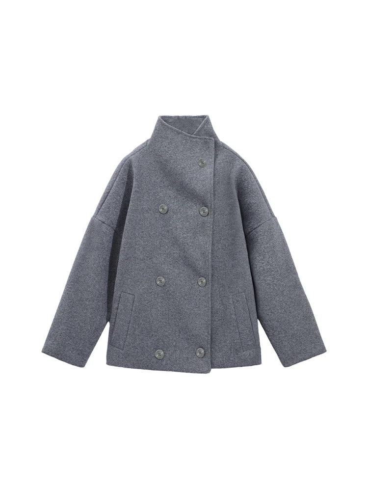 Cappotto corto da donna in misto lana 2025 Giacca minimalista a doppio petto con collo alto e vestibilità ampia Capispalla casual invernale