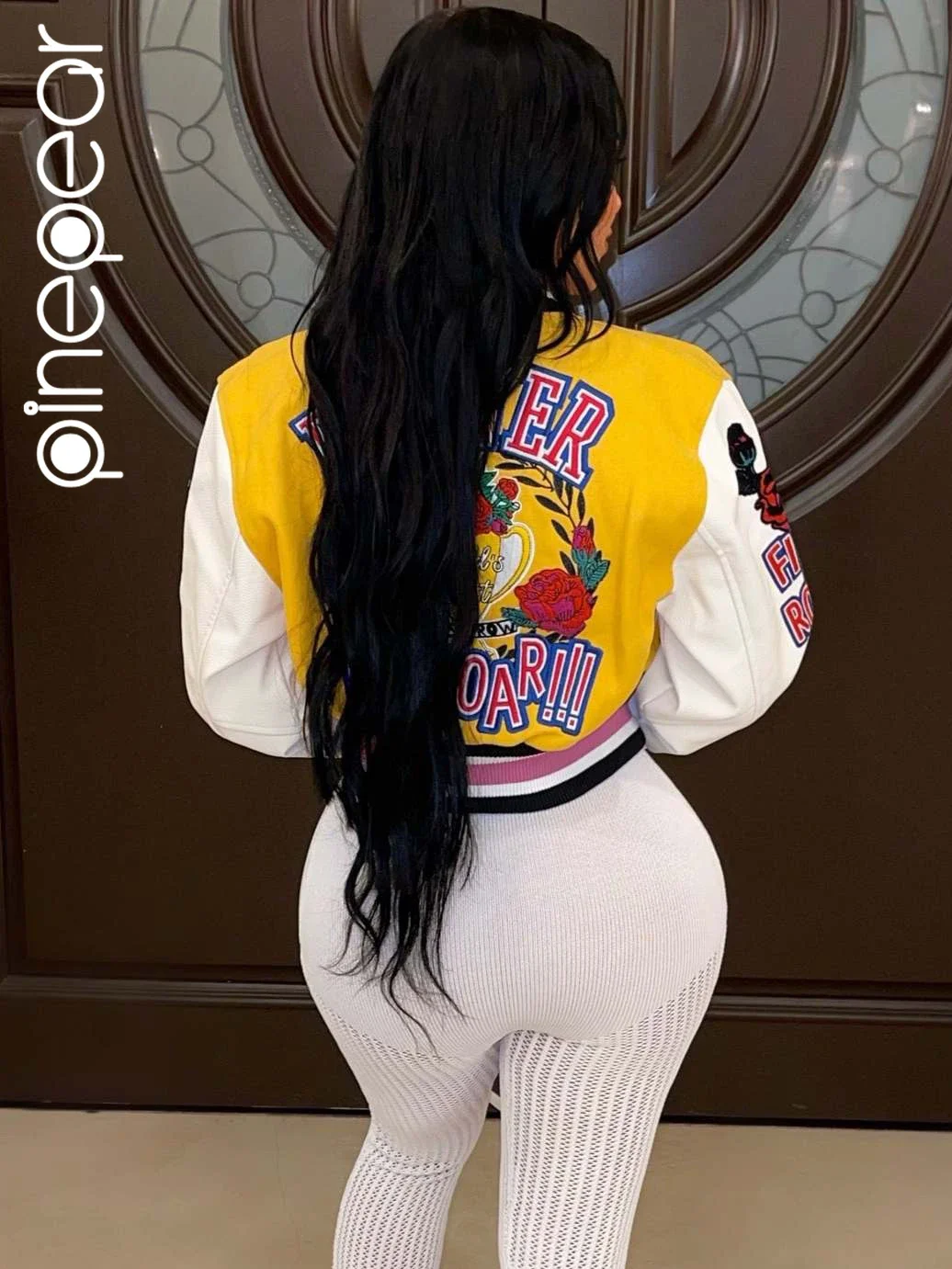 PinePear Baseball Varsity Jacket Fashion Print Y2K Streetwear Women 2024 Fall Winter Patchwork Cropped Jackets Sexy Short Coats