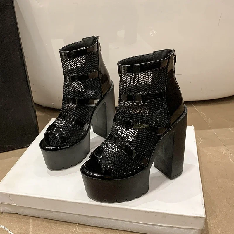 Black 14CM High Heels Sandals Gothic Peep Toe ZIpper Ankle Boots Women Breathable Mesh Summer Waterproof Platform Boot