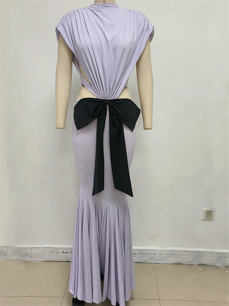 Luz roxa vestido de baile feminino sexy sem costas sem mangas longo vestido de festa preto arco formal aniversário tapete vermelho sereia robe