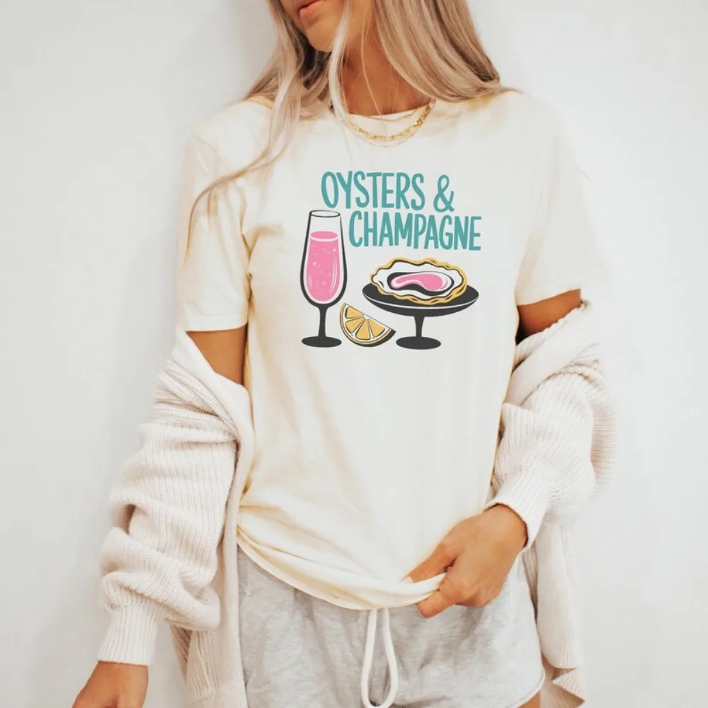 Oysters and Champagne Graphic T Shirt Fun Foodie Shirt with Oyster and Drink Illustration Casual Seafood Lover Gift Tees