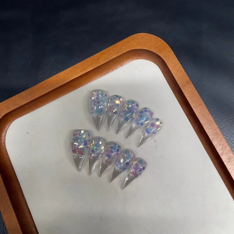 2026New 10PCS Full rainbow sequins ultra-long pointed drop shape fully-covered handmade fake nails shiny reusable fake nails