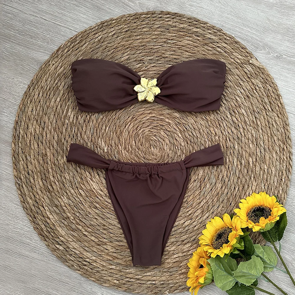 Bandeau Bikini Push Up Women Swimsuits 2025 Sexy Female Swimwear Brazilian Bikini Set Thong Biquini Swim Suits Solid Beachwear