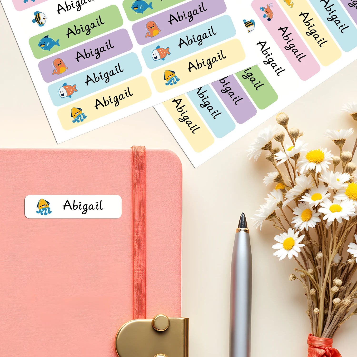 ملصقات علامات الكائنات البحرية المخصصة ملصقات أسماء مقاومة للماء لسلسلة الحيوانات وزجاجات الموت وحقائب الظهر واللوازم المدرسية