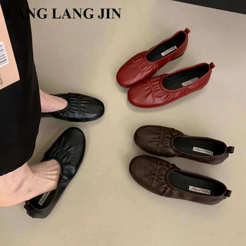 Women Round Toe Gathered Pleated Ballet Flats Soft Slip On Flat Shoes Casual Loafer With Ruched Upper Daily Dress Shoes Moccasin