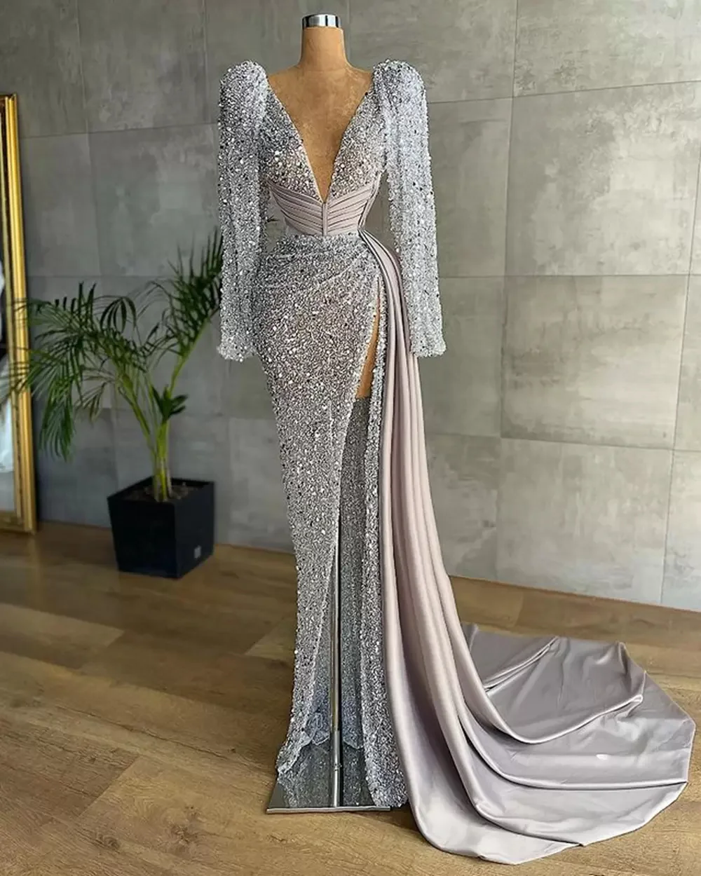 Silver Sparkly Sequined เซ็กซี่ V คอชุดราตรีผู้หญิงแขนยาว Mermaid High Slit ชุดราตรีอย่างเป็นทางการ robes de ที่กําหนดเอง