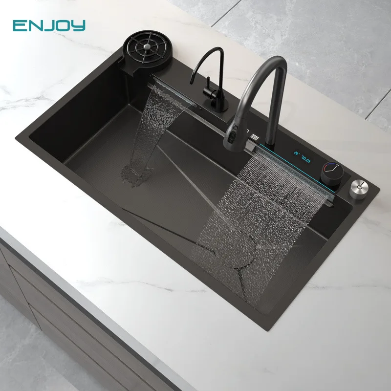 

Digital Display Waterfall Kitchen Sink Stainless Steel Vegetable Washing Basin Dishwashing Sink Large Single Slot