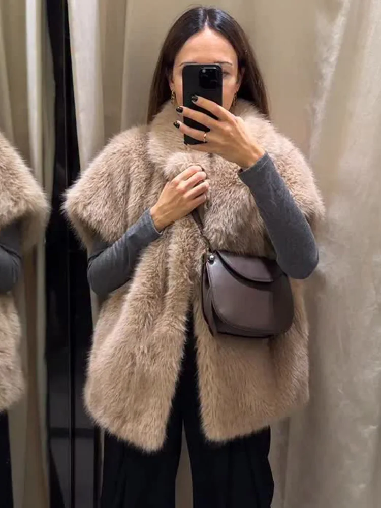 

Female Simple Causal Artificial Fur Short Top Women Autumn Elegant Versatile Solid Pockets Turn-down Collar Sleeveless Vest