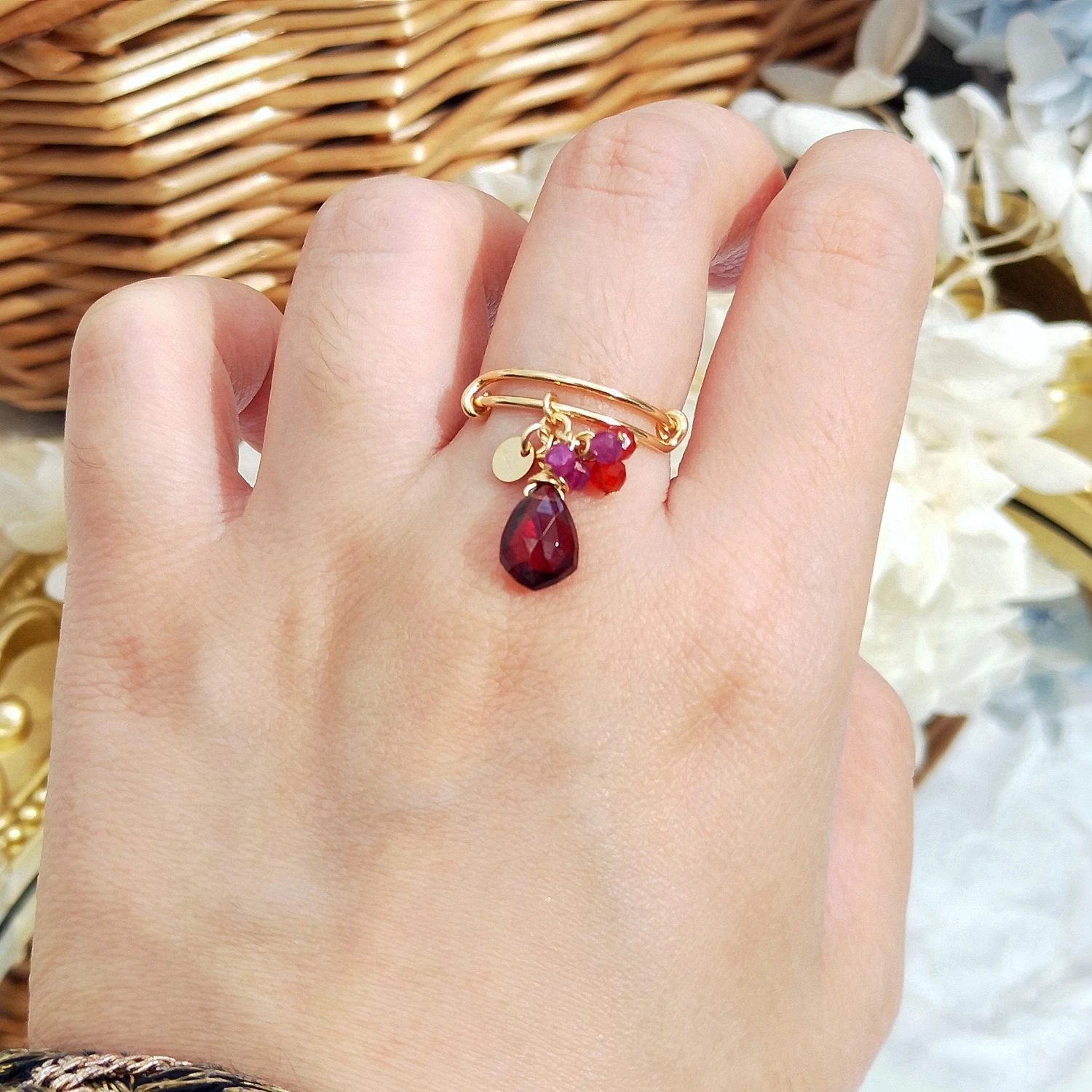 Lii Ji Garnet Ruby Carnelian American 14K Gold Filled Adjustable Ring Natural Stone Handmade Jewelry