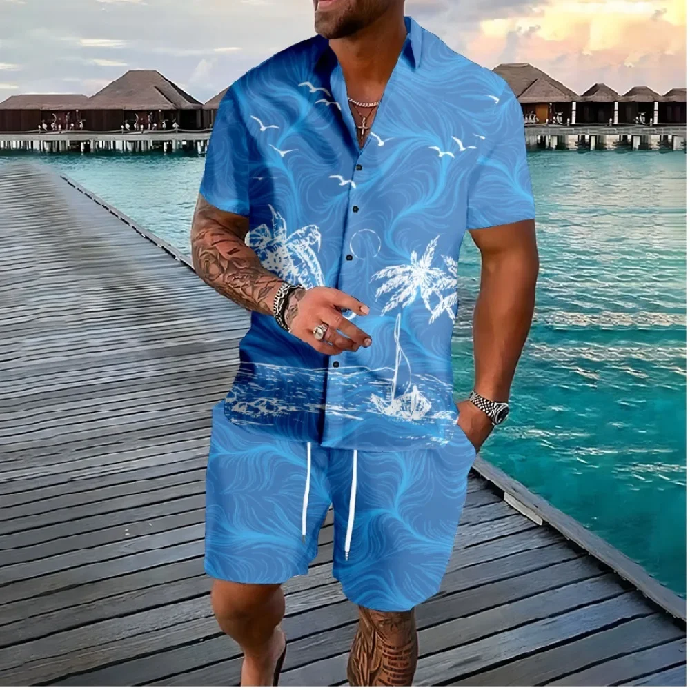 Hawaii Palme Knopf Hemden Shorts Trainings anzüge Sommer Strand 2 Stück Sets coole Hipster Streetwear lässige Männer Kleidung