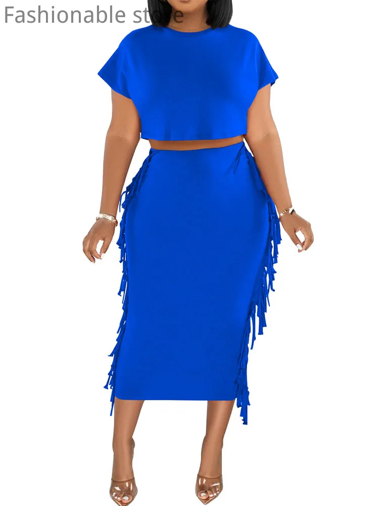 

Women Suits Solid Color O-Neck Short Sleeve Top And High Waist Side Tassels Midi Skirt Set