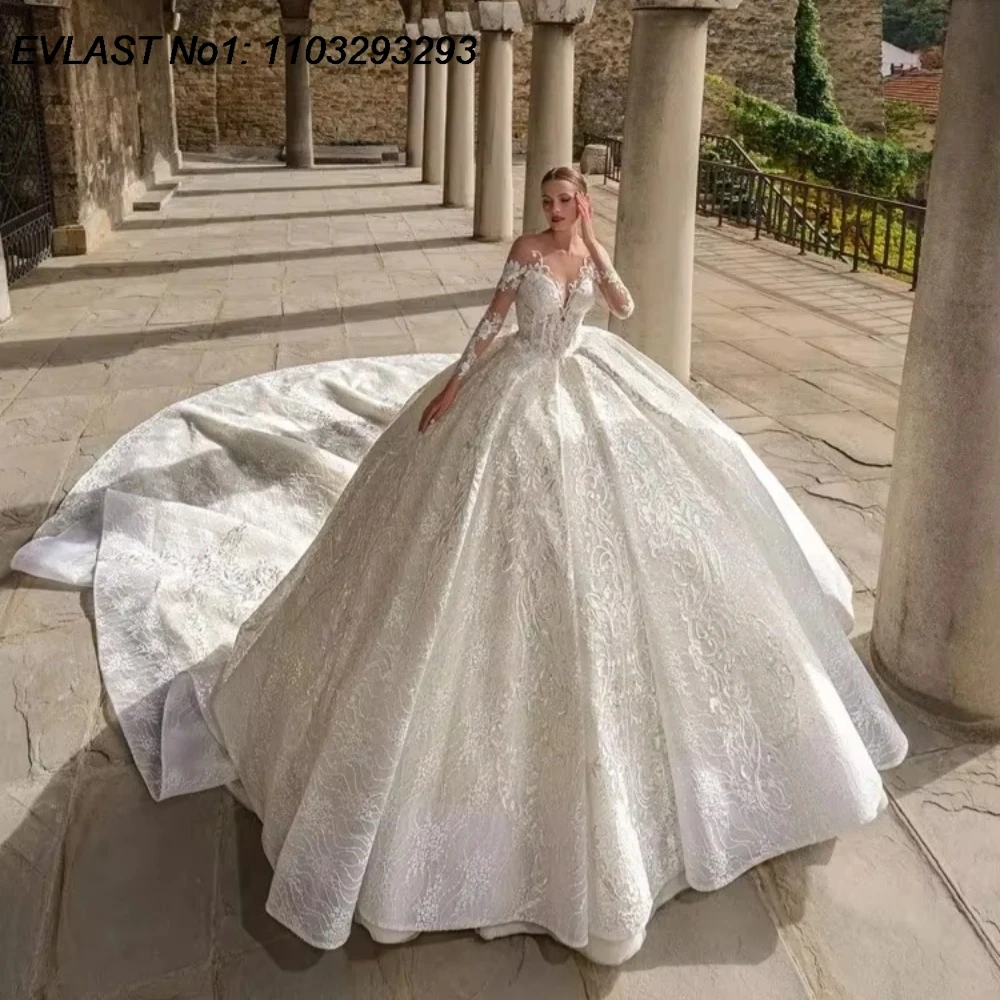 EVLAST Maßgeschneidertes Prinzessin Vintage Puffy A-Linie Brautkleid mit Spitzenapplikationen Lange Ärmel Brautkleider Robe De Marie TBD31